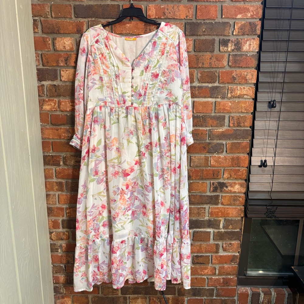 Mustard womens crepe georgette A-lined watercolor floral maxi dress white 2(L)